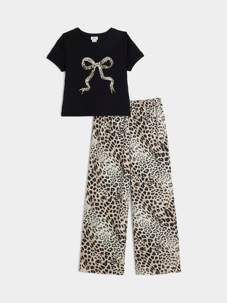 River Island Black Girls Leopard Print Bows Wide Leg 100% Cotton Trousers Set - Image 1 of 4