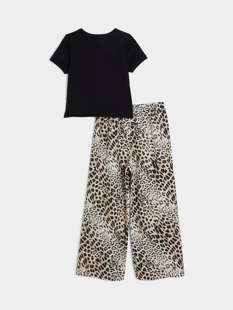 River Island Black Girls Leopard Print Bows Wide Leg 100% Cotton Trousers Set - Image 2 of 4