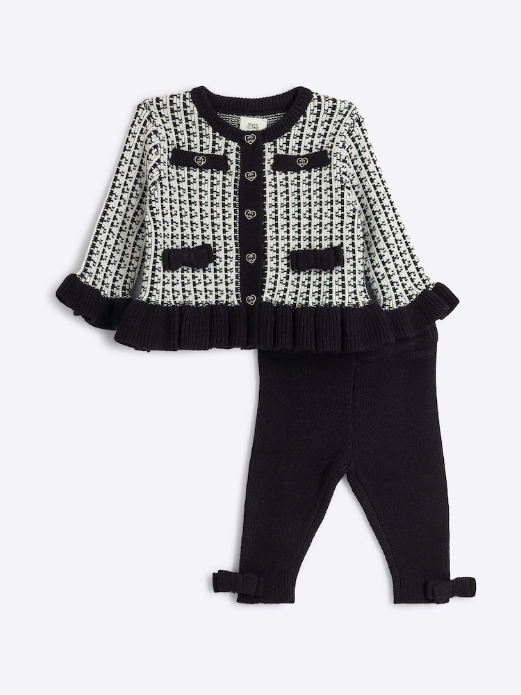 River Island Black Baby Girls Mono 100% Cotton Cardigan and Leggings Set - Image 1 of 4