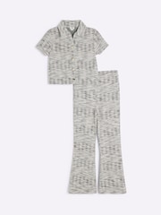 River Island Grey Girls 100% Cotton Polo Top and Kickflare Trousers Set - Image 1 of 5