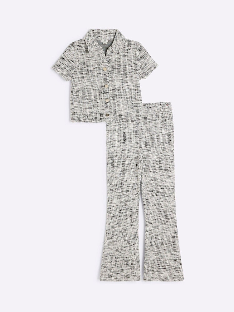 River Island Grey Girls 100% Cotton Polo Top and Kickflare Trousers Set - Image 1 of 5 River Island Grey Girls 100% Cotton Polo Top and Kickflare Trousers Set - Image 1 of 5