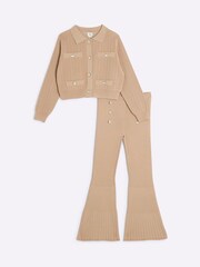 River Island Brown Girls Military 100% Cotton Rib Top and Flare Trousers Set - Image 1 of 4