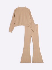River Island Brown Girls Military 100% Cotton Rib Top and Flare Trousers Set - Image 2 of 4