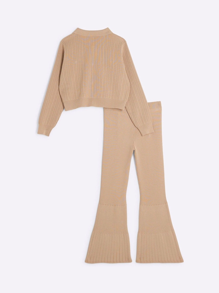 River Island Brown Girls Military 100% Cotton Rib Top and Flare Trousers Set - Image 2 of 4