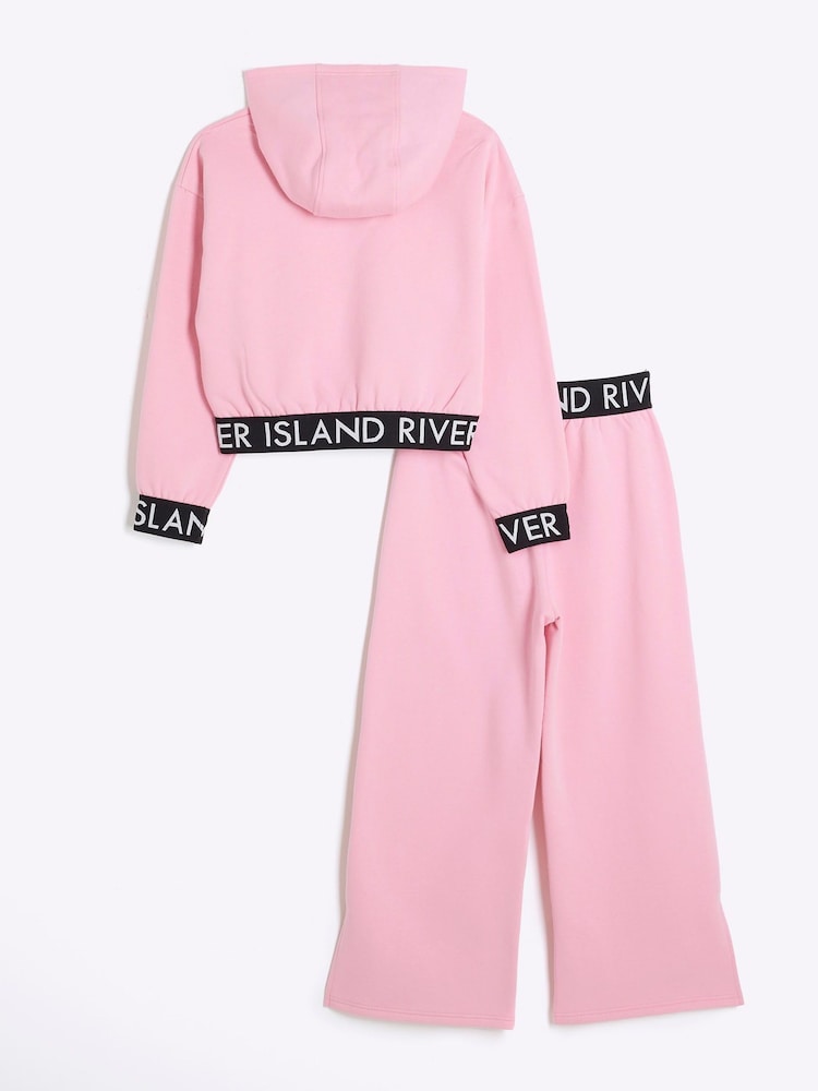 River Island Pink Girls 100% Cotton Hoodie and Joggers Set - Image 2 of 5