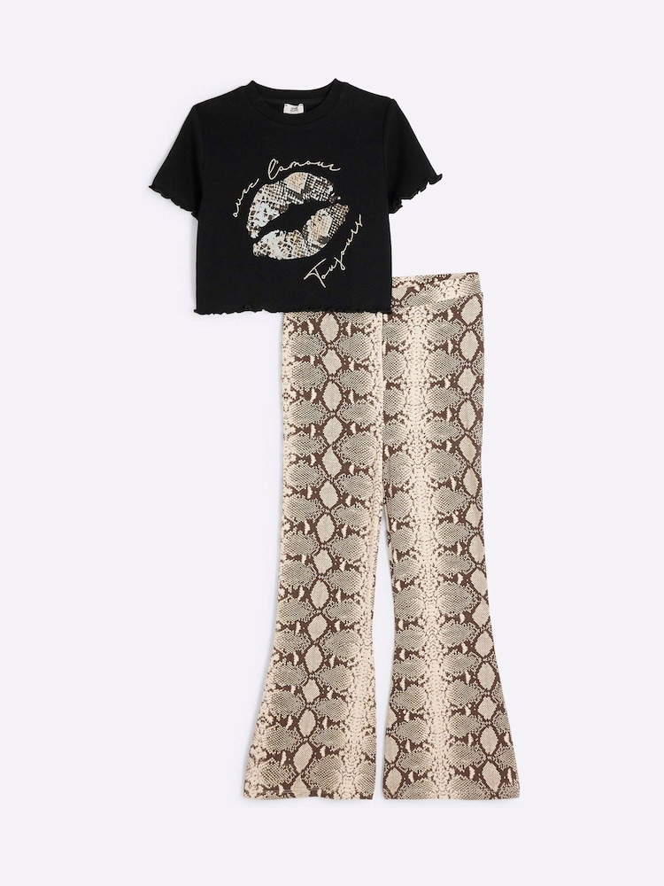 River Island Cream Girls Snake Print T-Shirt and Kickflare Set - Image 1 of 4 River Island Cream Girls Snake Print T-Shirt and Kickflare Set - Image 1 of 4