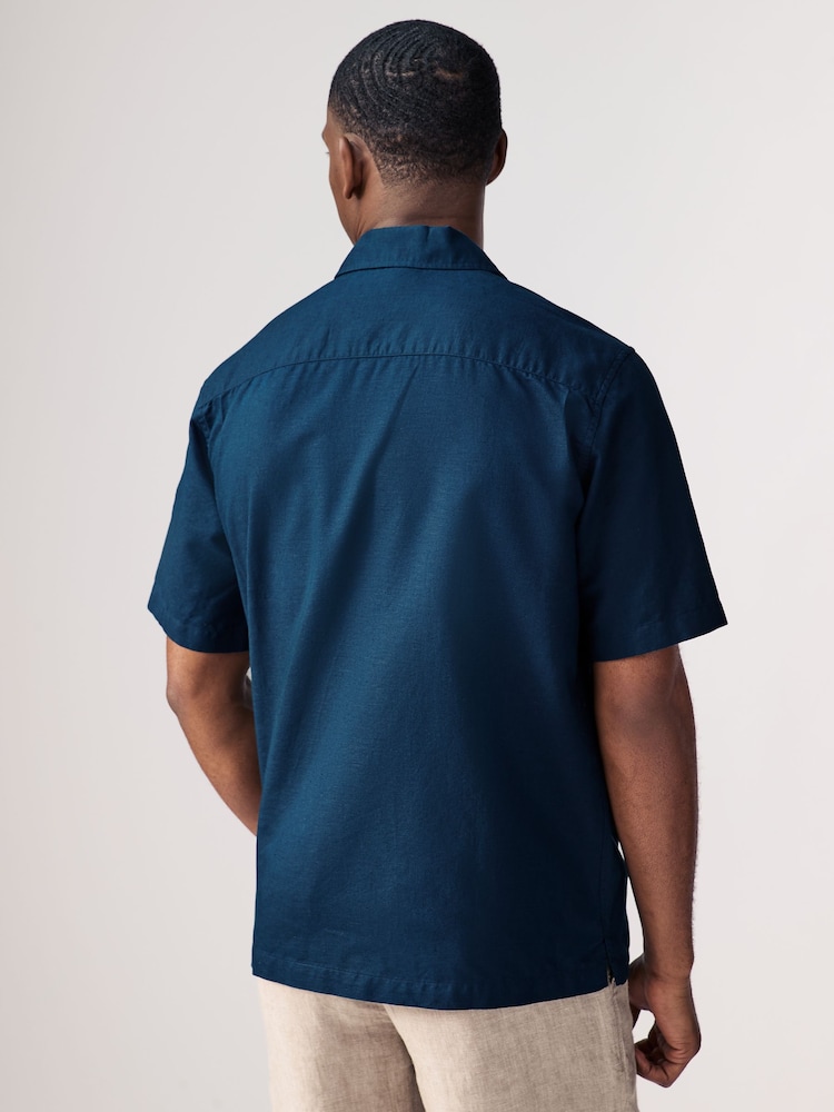 Navy Blue Standard Collar Cotton Linen Blend Short Sleeve Shirt - Image 3 of 8