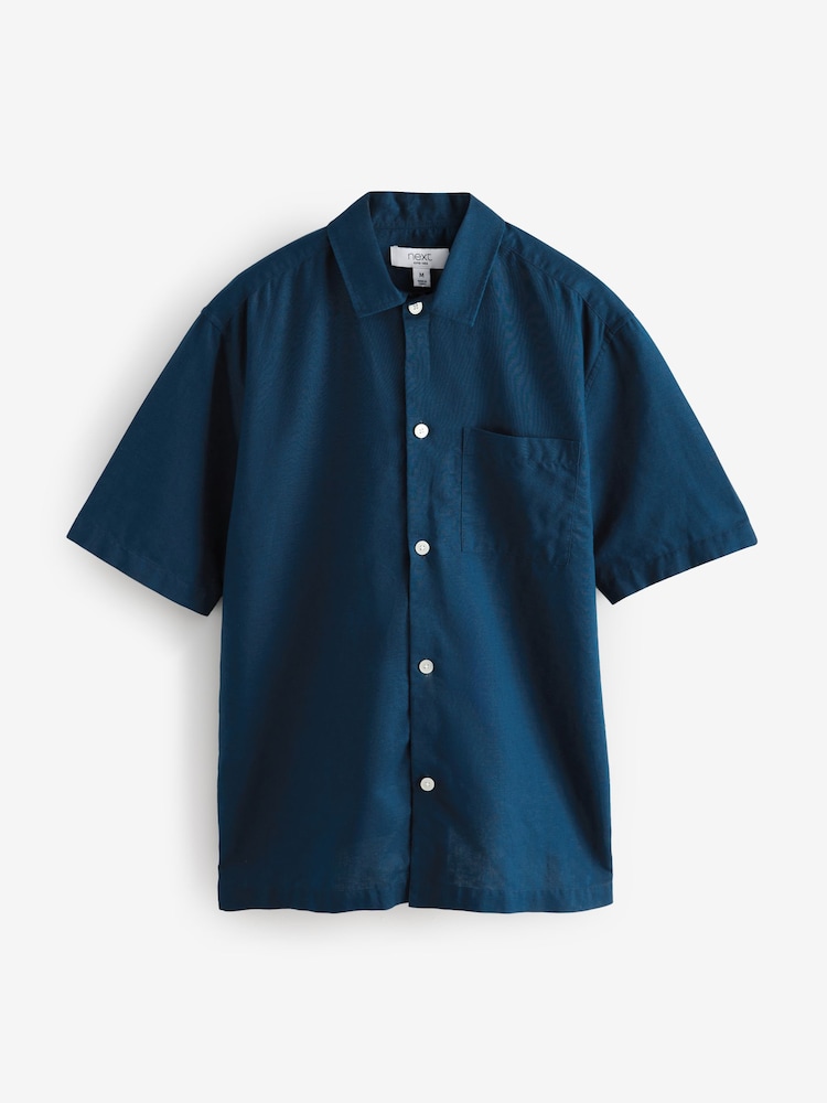 Navy Blue Standard Collar Cotton Linen Blend Short Sleeve Shirt - Image 6 of 8