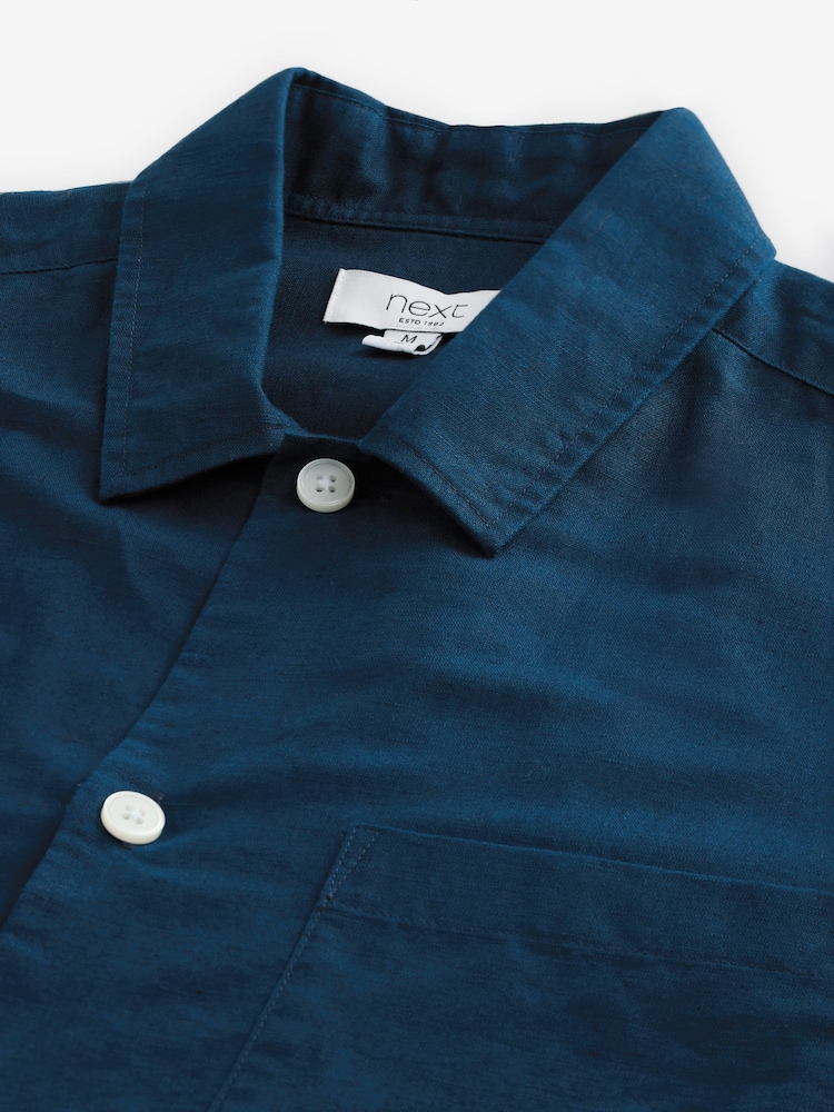 Navy Blue Standard Collar Cotton Linen Blend Short Sleeve Shirt - Image 7 of 8