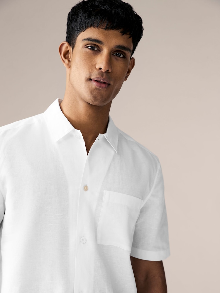 White Standard Collar Cotton Linen Blend Short Sleeve Shirt - Image 3 of 6