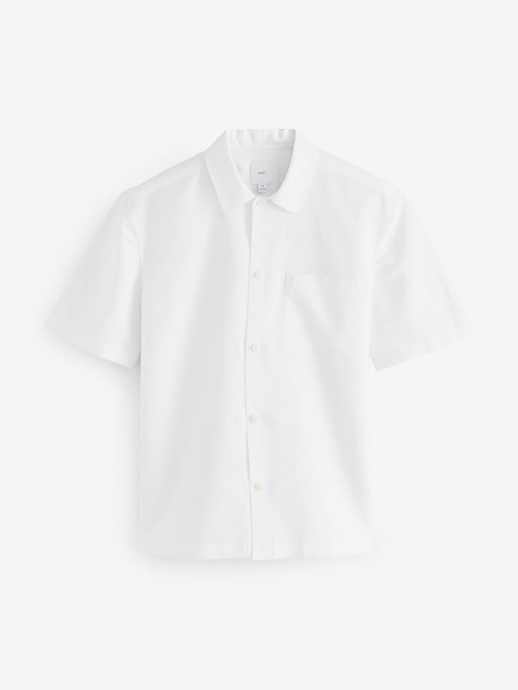 White Standard Collar Cotton Linen Blend Short Sleeve Shirt - Image 4 of 6