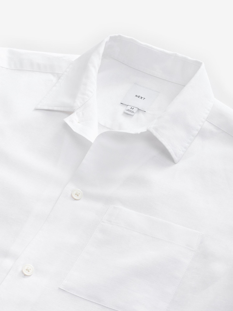 White Standard Collar Cotton Linen Blend Short Sleeve Shirt - Image 5 of 6