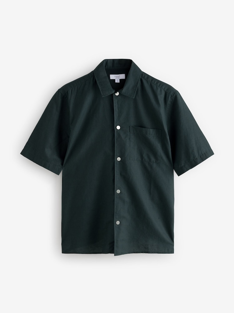 Noir - Col Classique - Chemise à manches courtes en lin et coton mélangés - Image 6 of 8