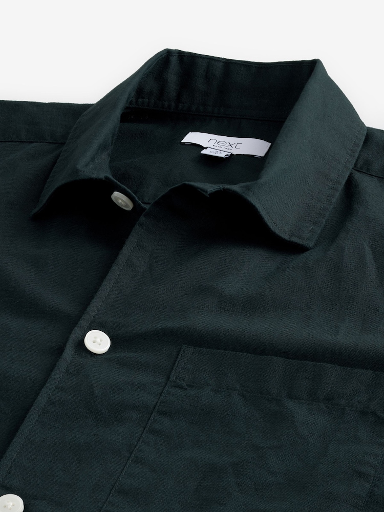 Noir - Col Classique - Chemise à manches courtes en lin et coton mélangés - Image 7 of 8