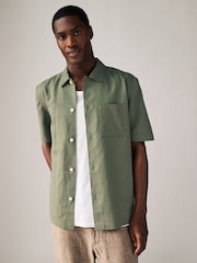 Dark Green Standard Collar Cotton Linen Blend Short Sleeve Shirt - Image 1 of 7