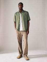 Dark Green Standard Collar Cotton Linen Blend Short Sleeve Shirt - Image 2 of 7