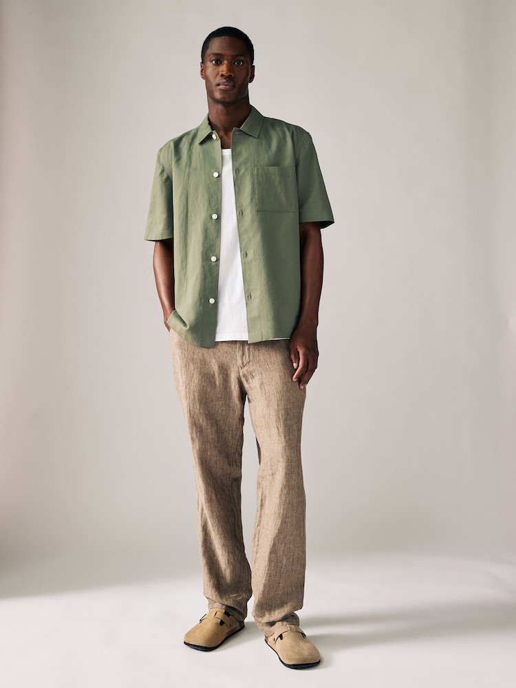 Dark Green Standard Collar Cotton Linen Blend Short Sleeve Shirt - Image 2 of 7