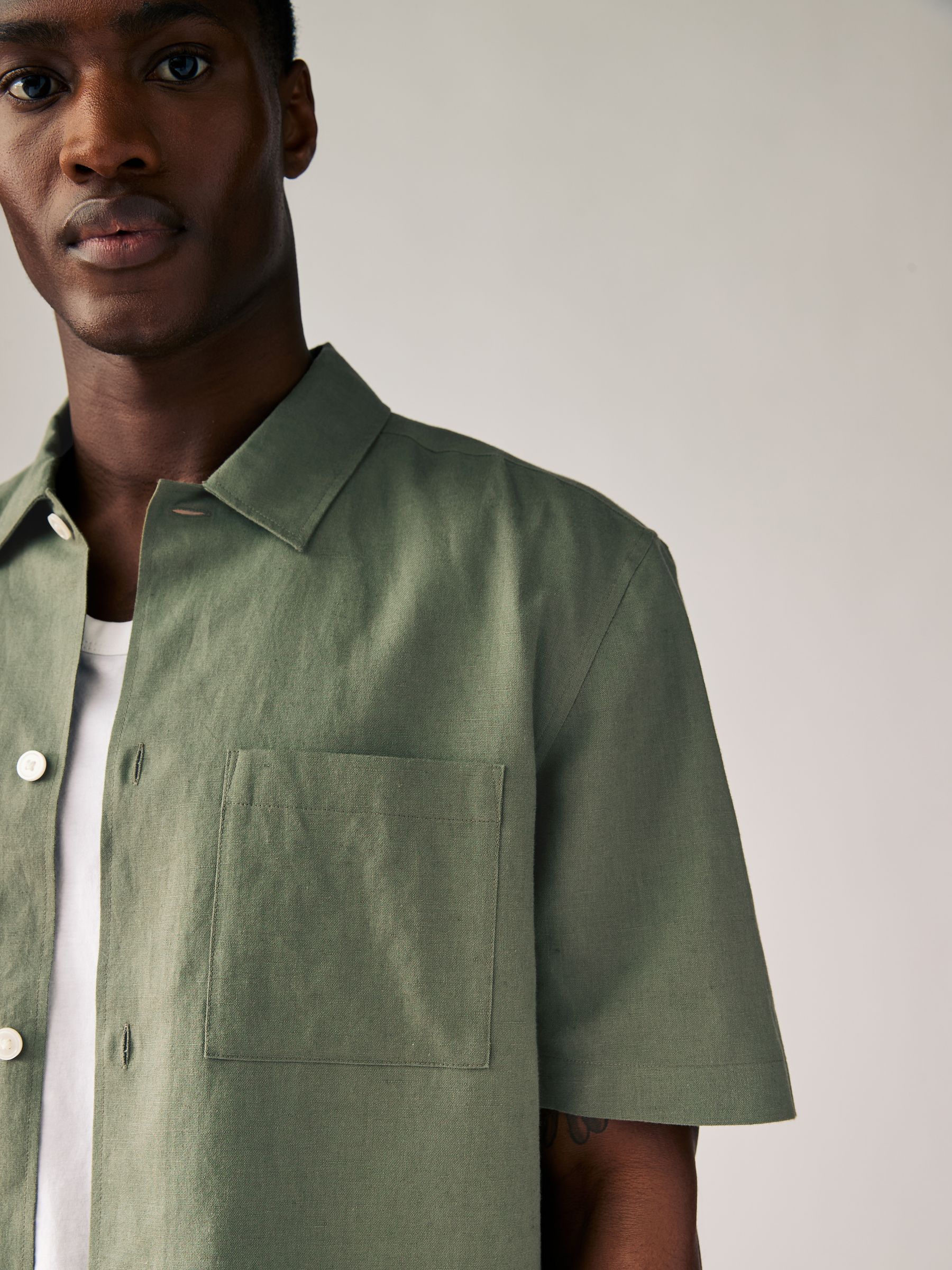 Buy Dark Green Standard Collar Cotton Linen Blend Short