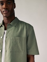 Dark Green Standard Collar Cotton Linen Blend Short Sleeve Shirt - Image 4 of 7