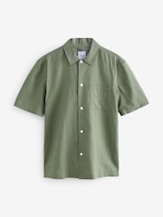 Dark Green Standard Collar Cotton Linen Blend Short Sleeve Shirt - Image 5 of 7