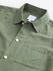 Dark Green Standard Collar Cotton Linen Blend Short Sleeve Shirt - Image 7 of 7