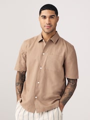 Neutral Stone Standard Collar Cotton Linen Blend Short Sleeve Shirt - Image 1 of 7