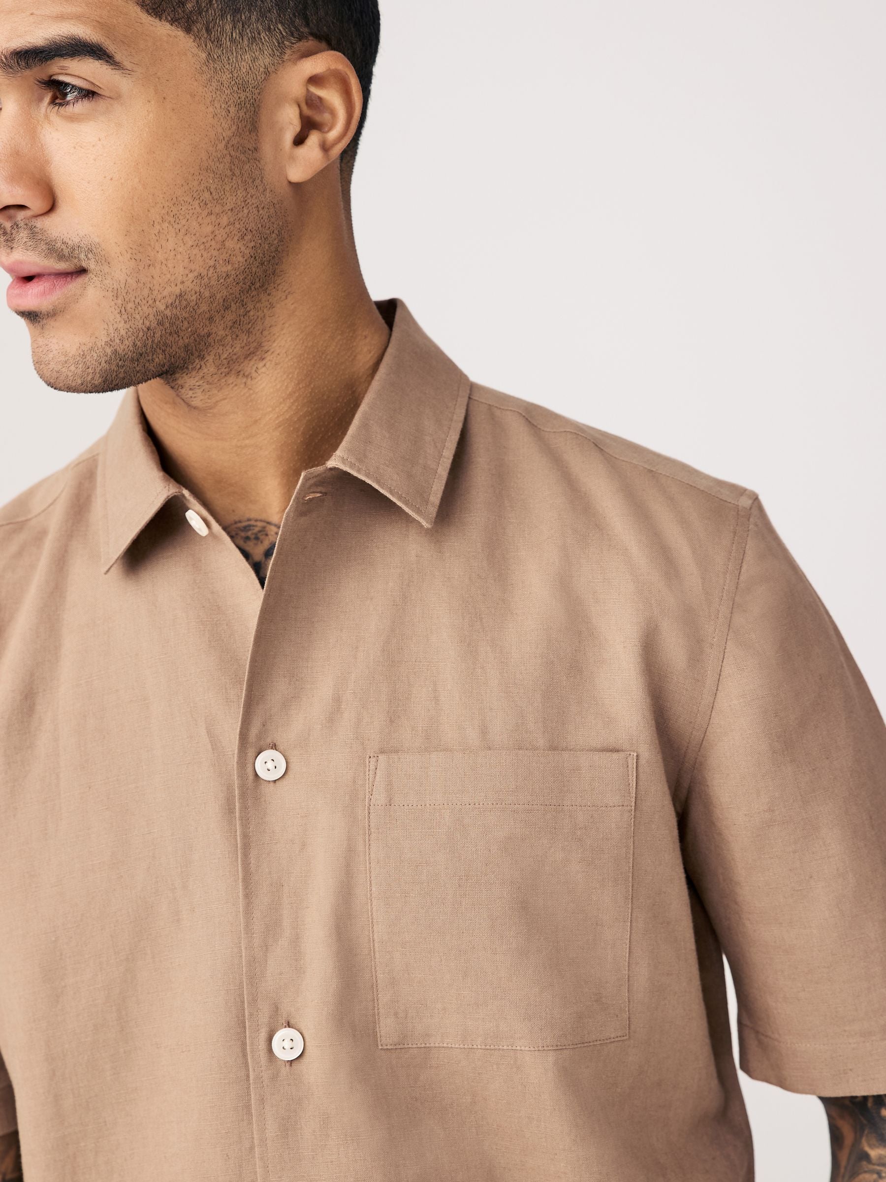 Buy Neutral Stone Standard Collar Cotton Linen Blend Short Buy Neutral Stone Standard Collar Cotton Linen Blend Short