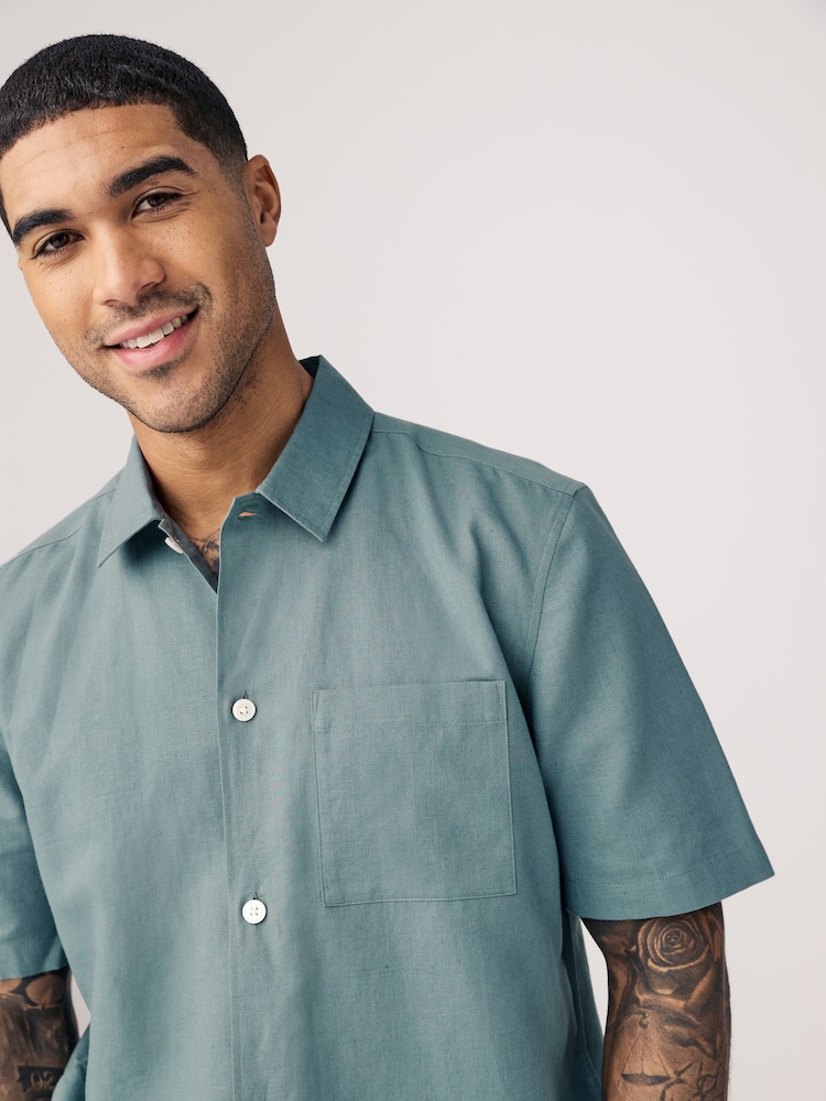 Green Standard Collar Cotton Linen Blend Short Sleeve Shirt - Image 3 of 7