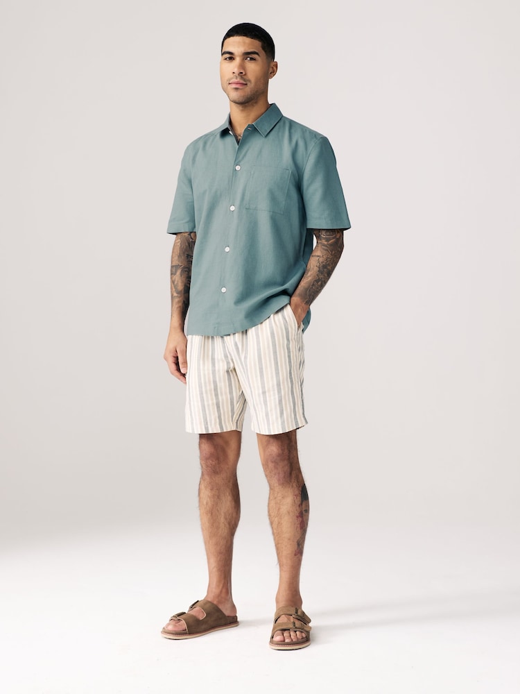 Green Standard Collar Cotton Linen Blend Short Sleeve Shirt - Image 4 of 7