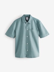 Green Standard Collar Cotton Linen Blend Short Sleeve Shirt - Image 5 of 7