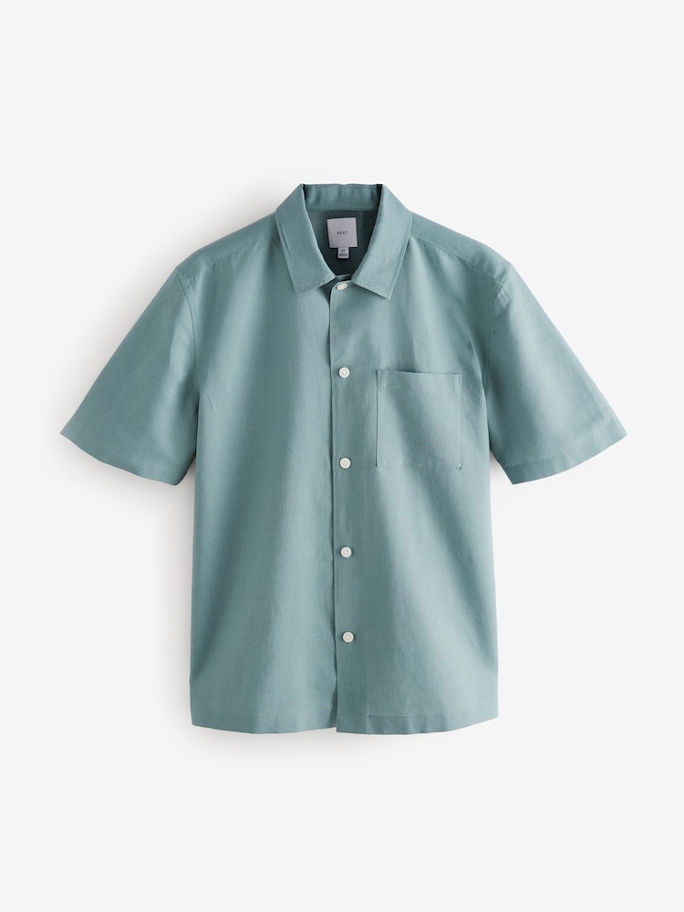 Green Standard Collar Cotton Linen Blend Short Sleeve Shirt - Image 5 of 7