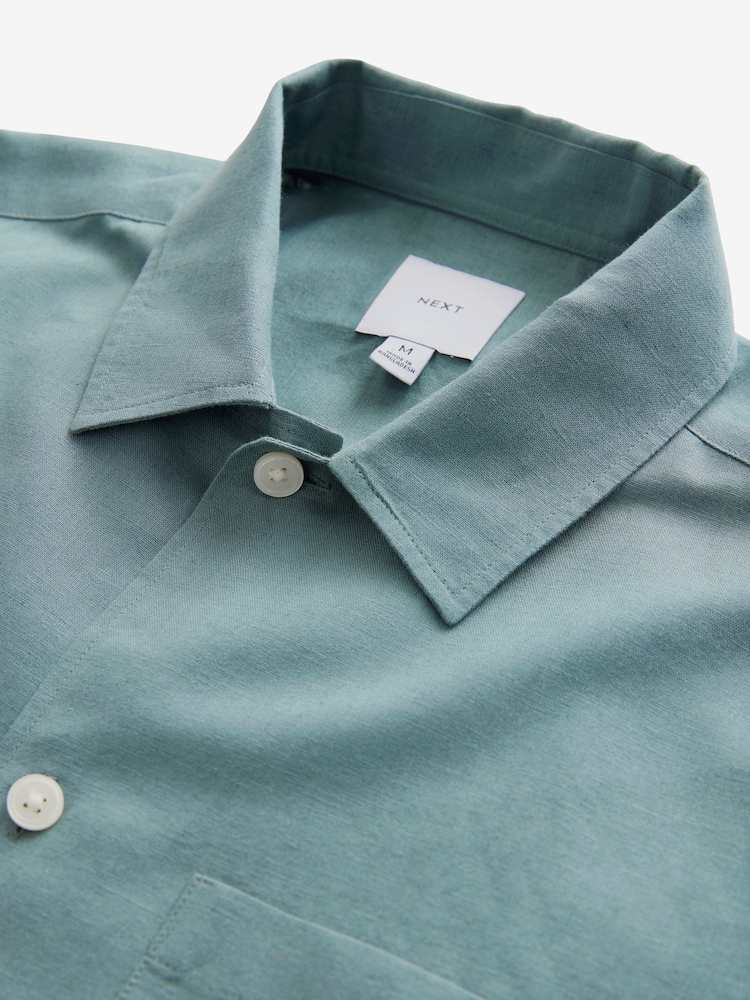 Green Standard Collar Cotton Linen Blend Short Sleeve Shirt - Image 6 of 7