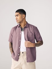 Mauve Purple Standard Collar Cotton Linen Blend Short Sleeve Shirt - Image 1 of 7