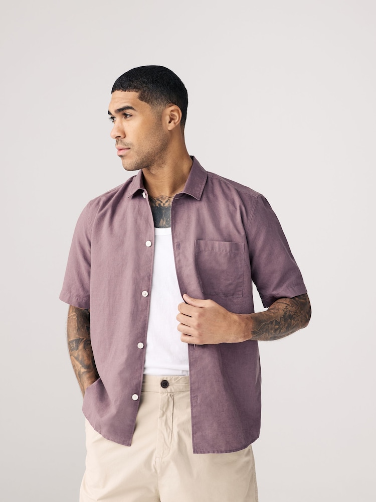Mauve Purple Standard Collar Cotton Linen Blend Short Sleeve Shirt - Image 1 of 7