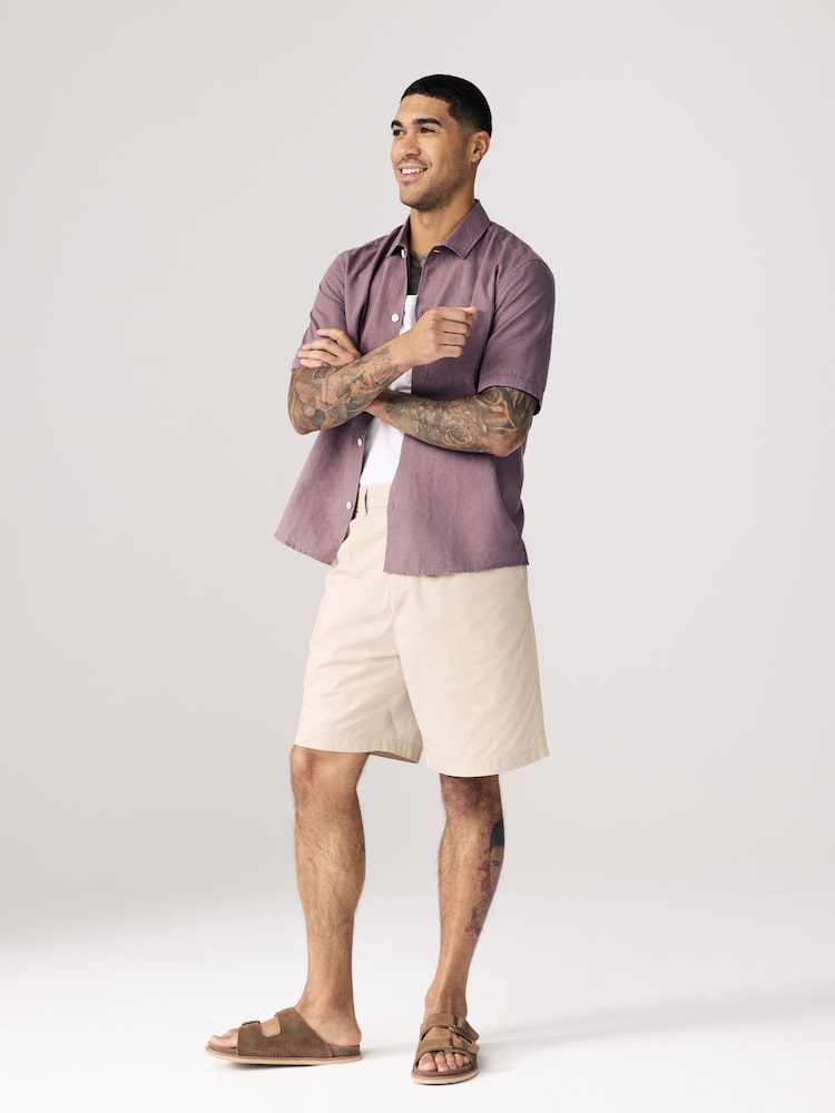 Mauve Purple Standard Collar Cotton Linen Blend Short Sleeve Shirt - Image 2 of 7