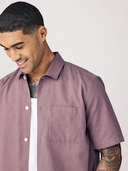 Mauve Purple Standard Collar Cotton Linen Blend Short Sleeve Shirt - Image 4 of 7