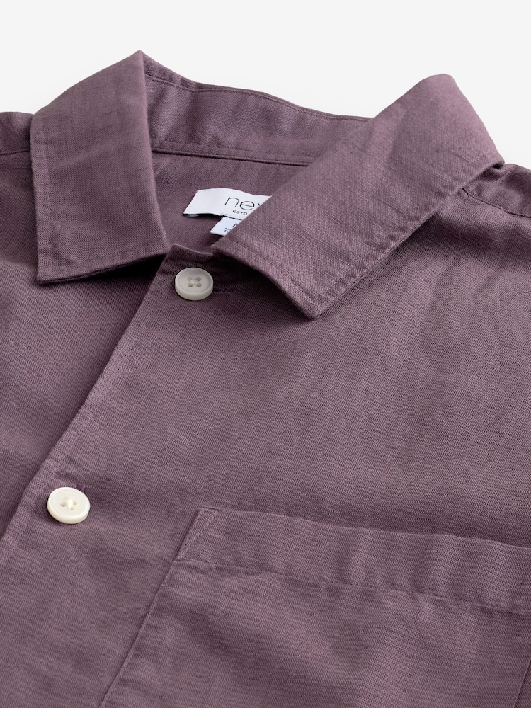 Mauve Purple Standard Collar Cotton Linen Blend Short Sleeve Shirt - Image 6 of 7