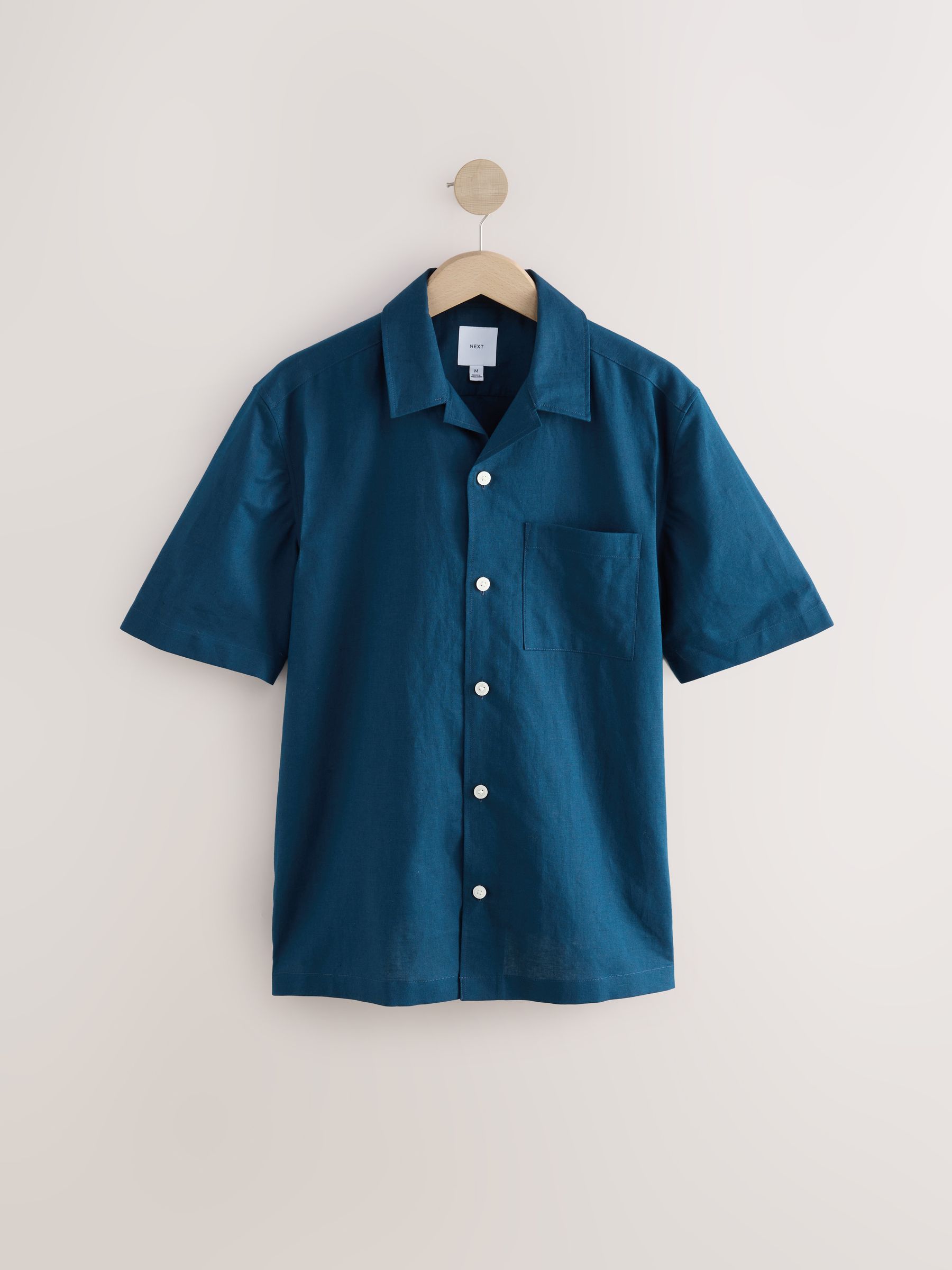 Buy Navy Blue Cuban Collar Cotton Linen Blend Short Sleeve Shirt