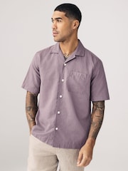 Mauve Purple Cuban Collar Cotton Linen Blend Short Sleeve Shirt - Image 1 of 6