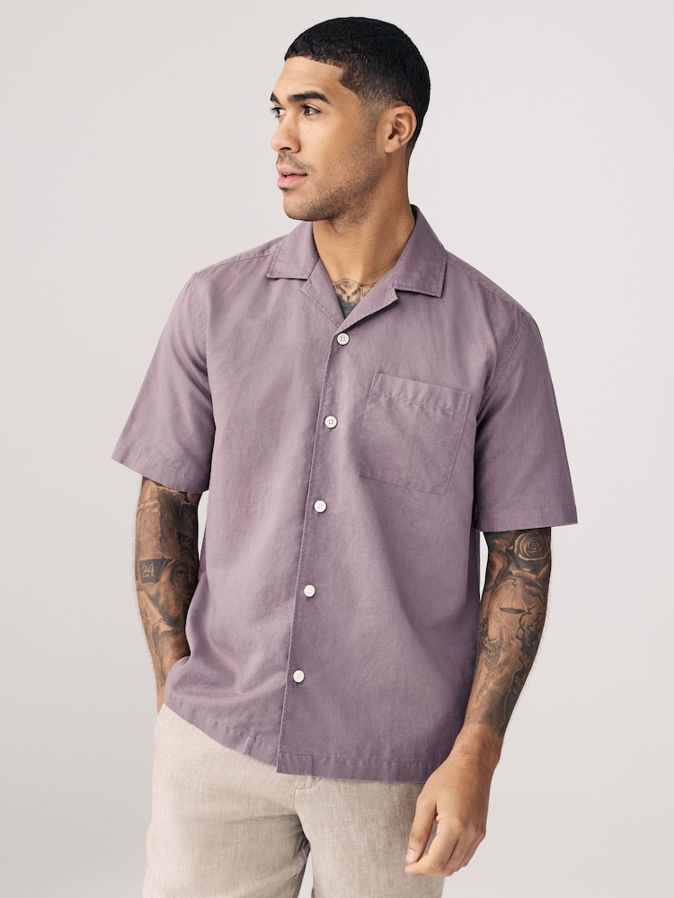 Mauve Purple Cuban Collar Cotton Linen Blend Short Sleeve Shirt - Image 1 of 6