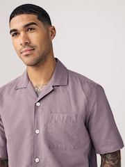 Mauve Purple Cuban Collar Cotton Linen Blend Short Sleeve Shirt - Image 3 of 6