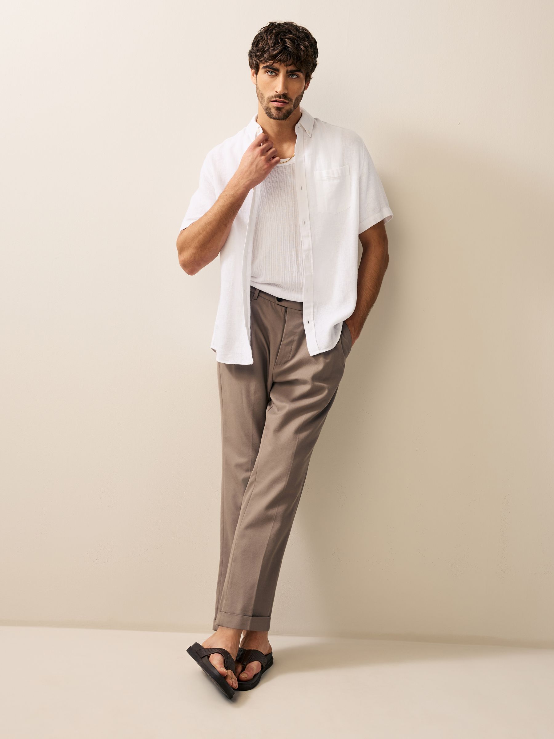 Buy White Standard Collar Cotton Linen Blend Short Sleeve