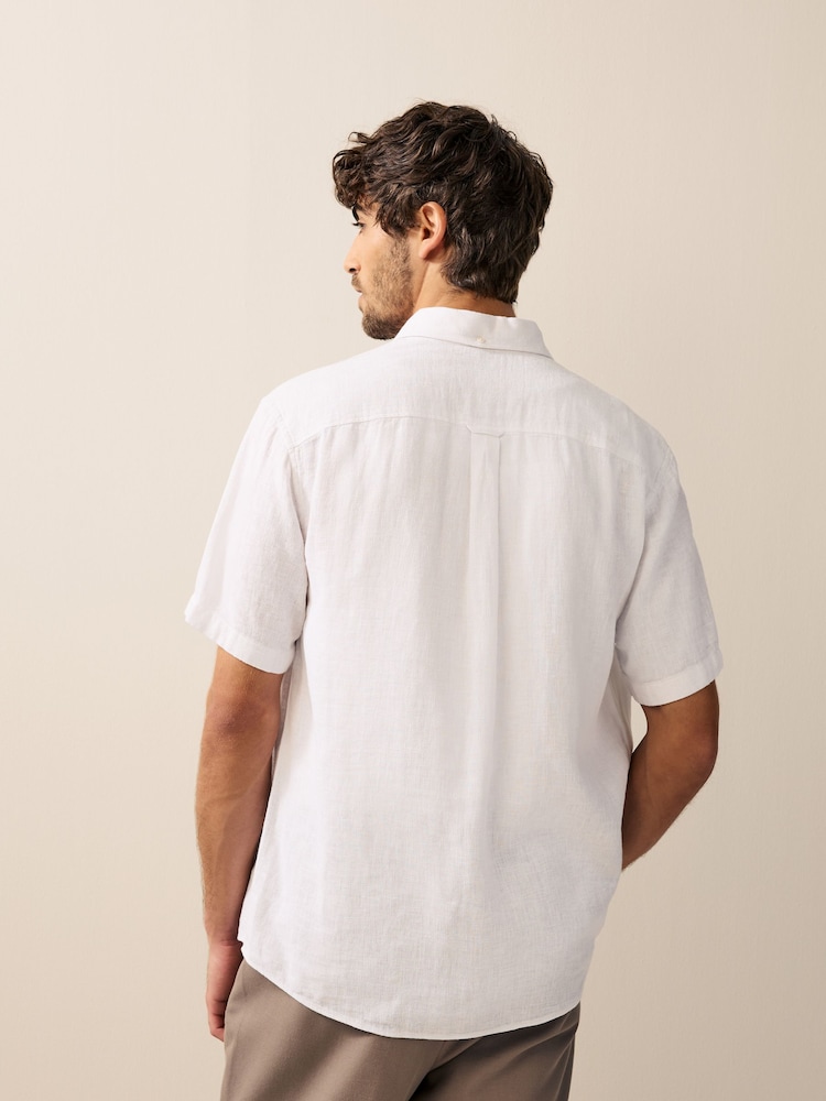 Blanc - Col Classique - Chemise à manches courtes en lin et coton mélangés - Image 3 of 8