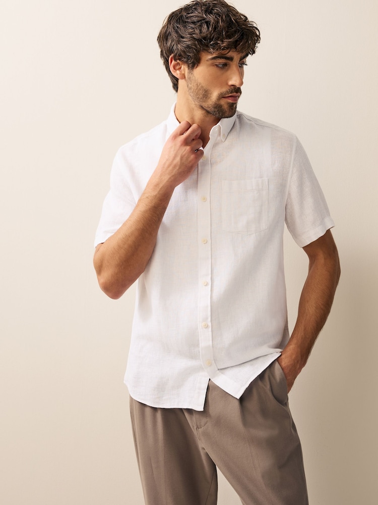 Blanc - Col Classique - Chemise à manches courtes en lin et coton mélangés - Image 4 of 8