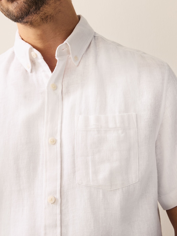 Blanc - Col Classique - Chemise à manches courtes en lin et coton mélangés - Image 5 of 8