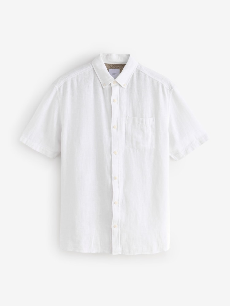 Blanc - Col Classique - Chemise à manches courtes en lin et coton mélangés - Image 6 of 8