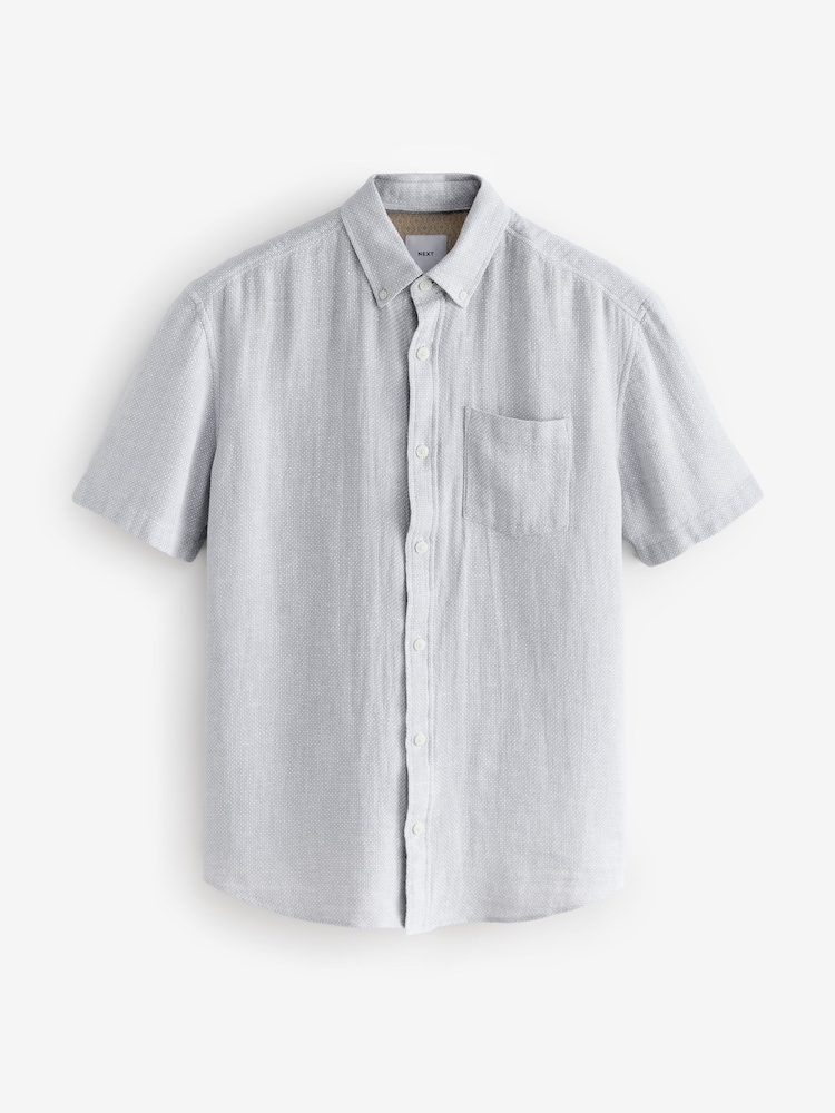 Gris - Col Classique - Chemise à manches courtes en lin et coton mélangés - Image 7 of 8