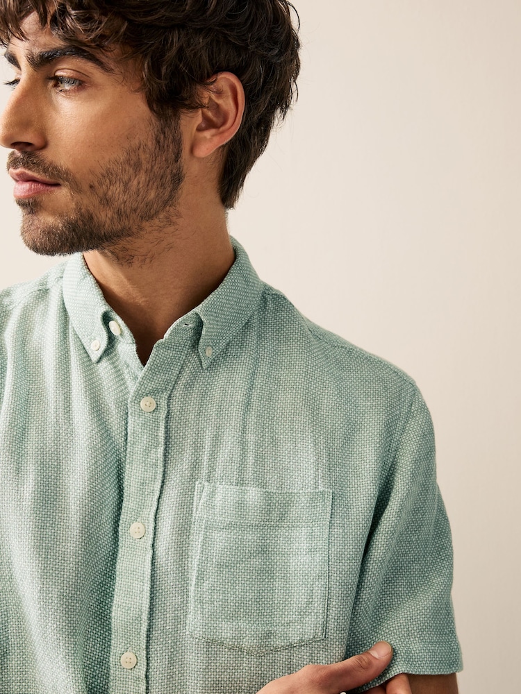 Green Standard Collar Cotton Linen Blend Short Sleeve Shirt - Image 4 of 8
