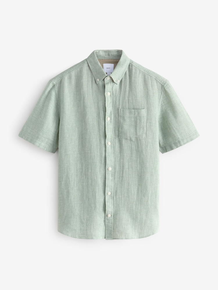 Green Standard Collar Cotton Linen Blend Short Sleeve Shirt - Image 6 of 8