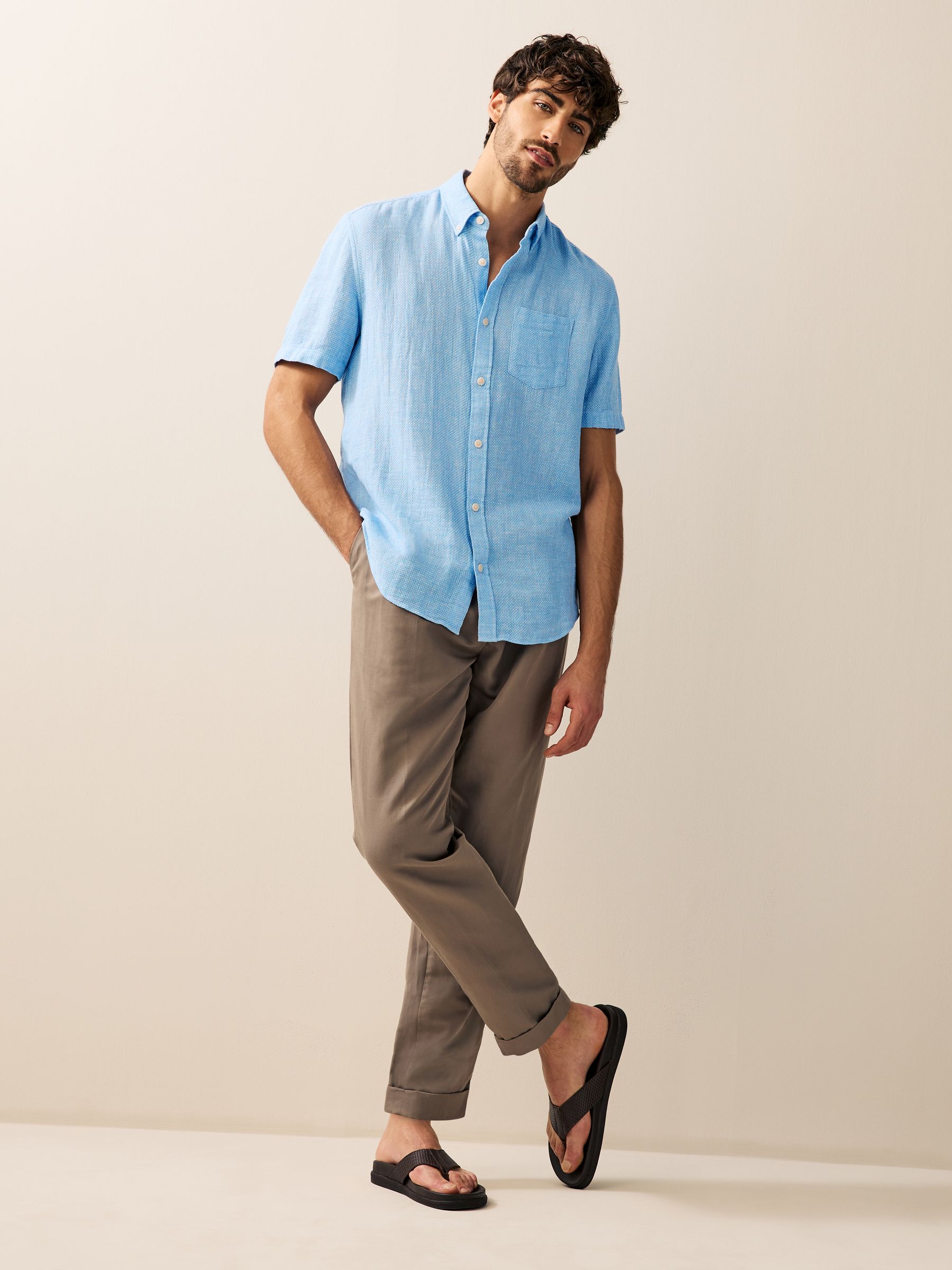 Buy Blue Standard Collar Cotton Linen Blend Short Sleeve